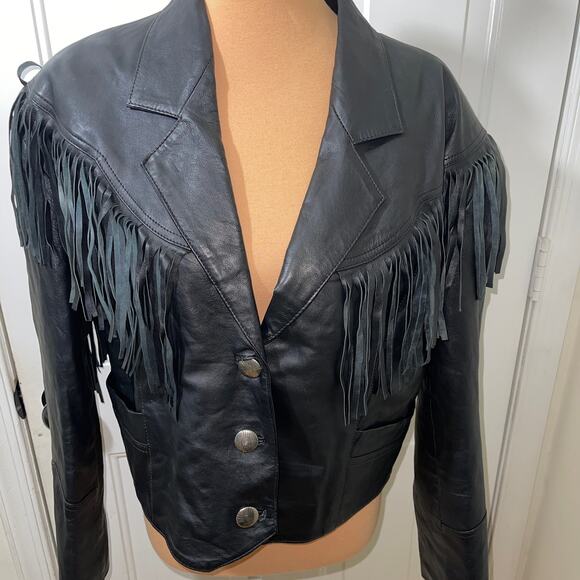 VTG PIONEER WEAR CROPPED BLACK LEATHER WESTERN MOTO JACKET WOMEN'S SIZE 16 - Picture 2 of 8